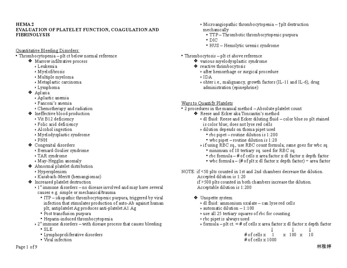 Evaluation of Platelet Function, Coagulation and Fibrinolysis - HEMA 2 ...