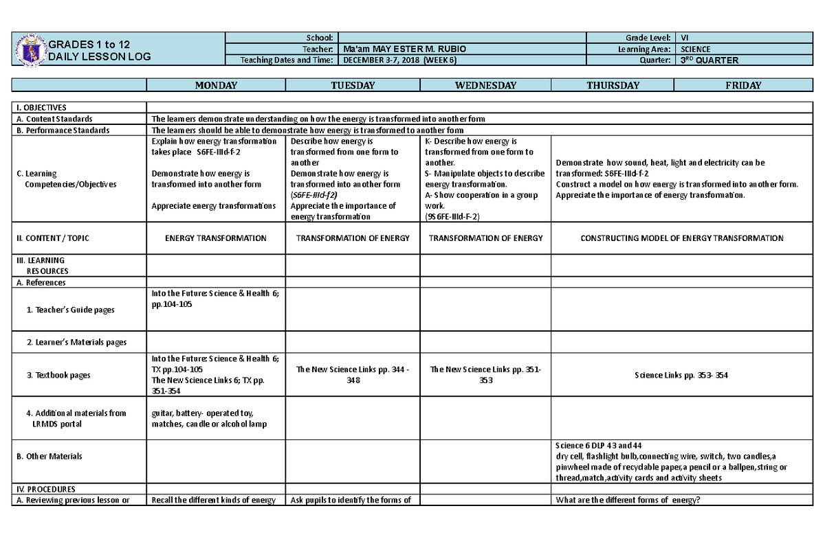 415302096 Science 6 Q3 W6 DLL docx - GRADES 1 to 12 DAILY LESSON LOG ...
