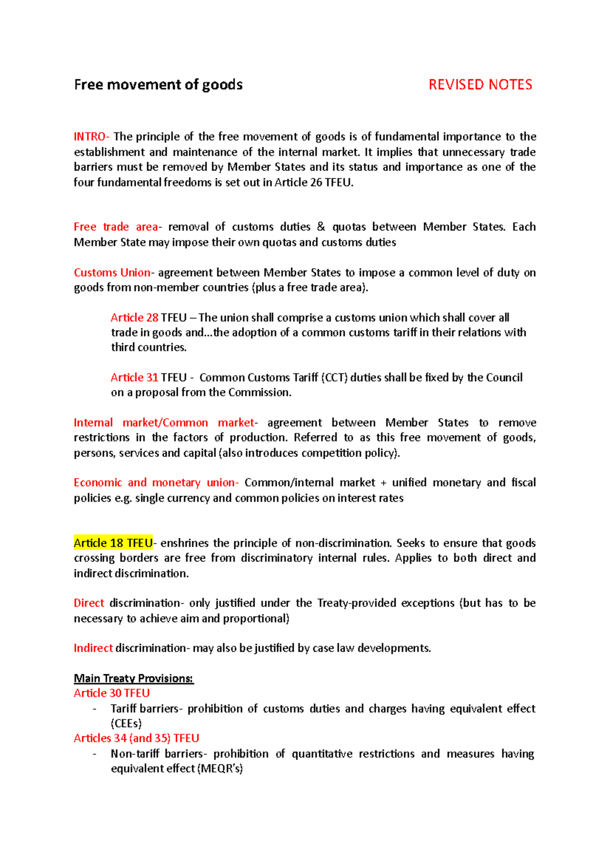 Free Movement Of Goods (EU Law) - Free Movement Of Goods REVISED NOTES ...