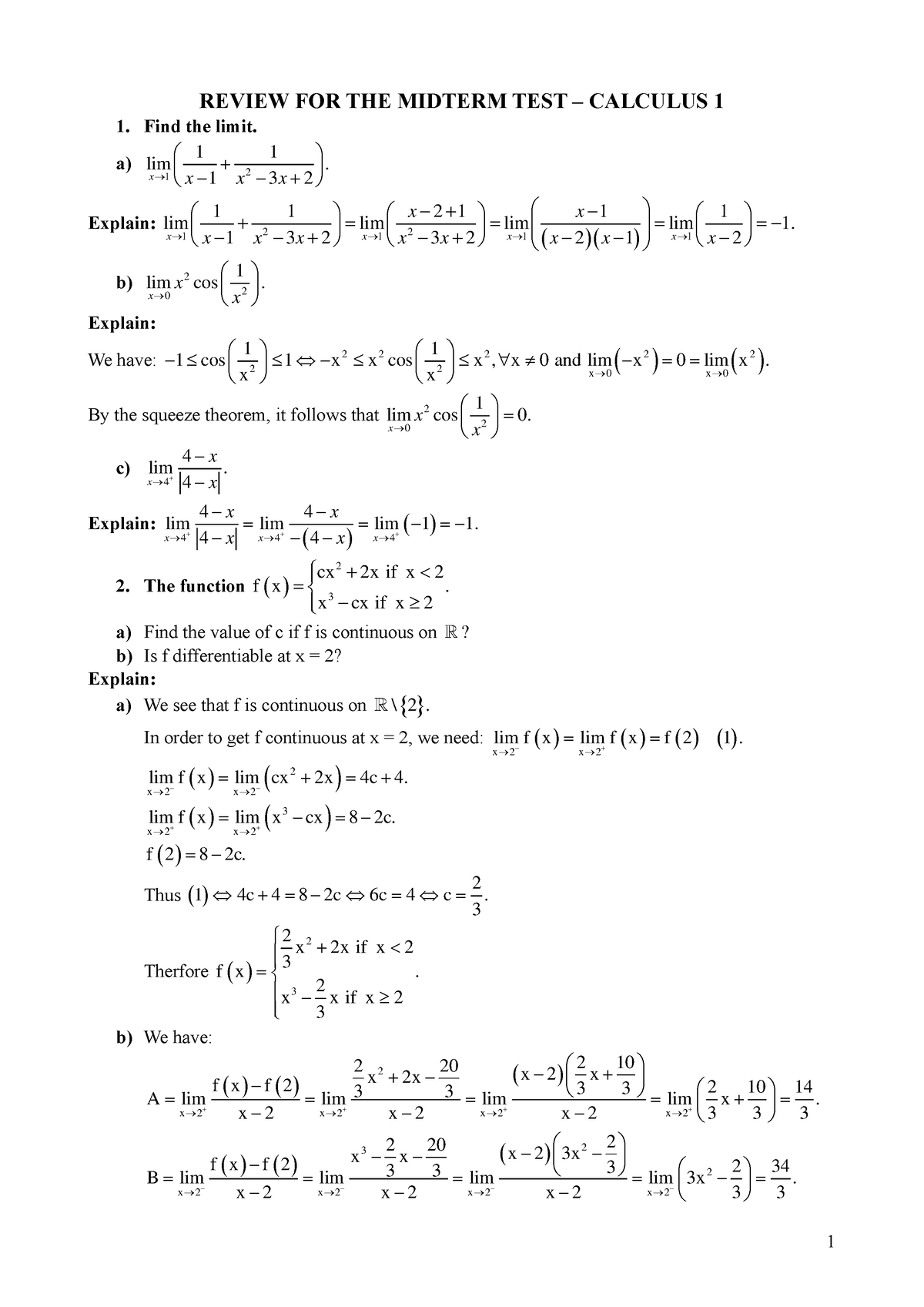 REVIEW FOR THE MIDTERM TEST - CALCULUS 1 - Find The Limit. A) 2 1 1 1 ...