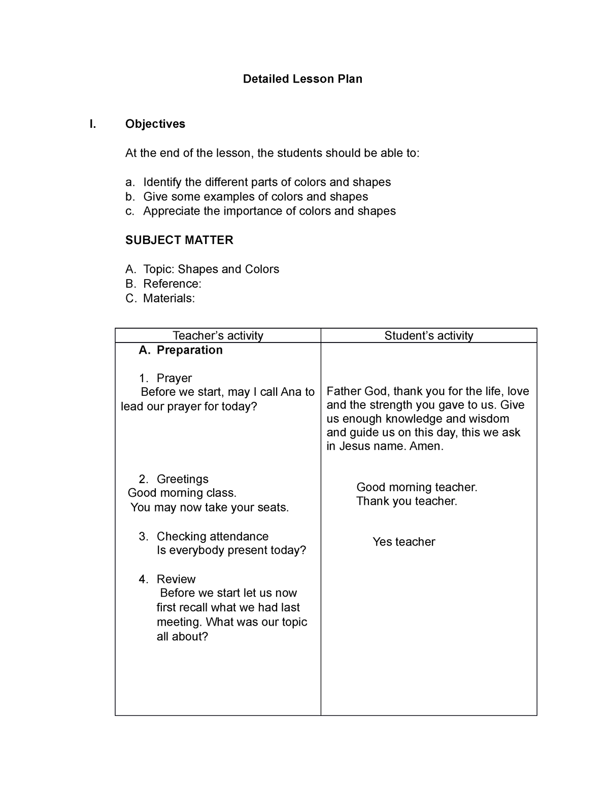 review of the past lesson in lesson plan example