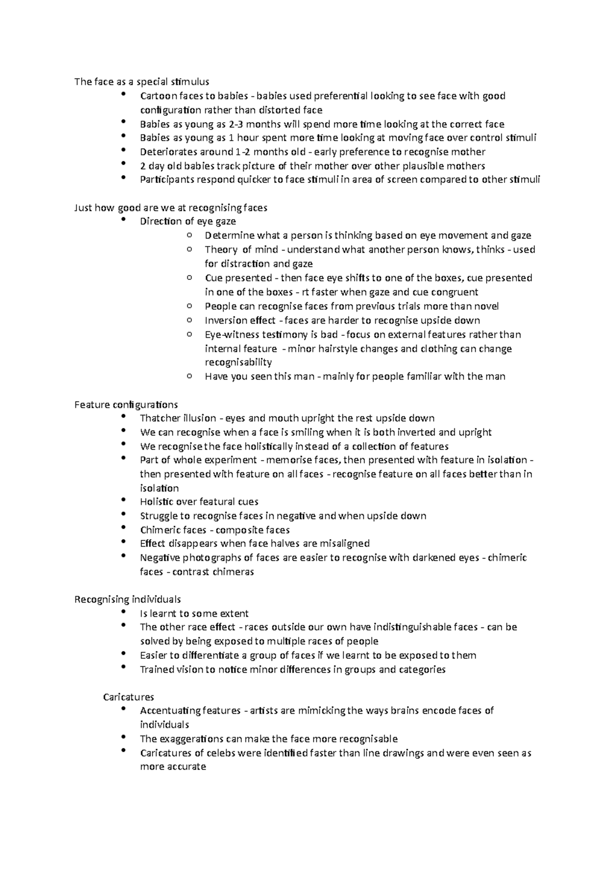 Facial recognition - Lecture notes 11 - The face as a special stimulus ...