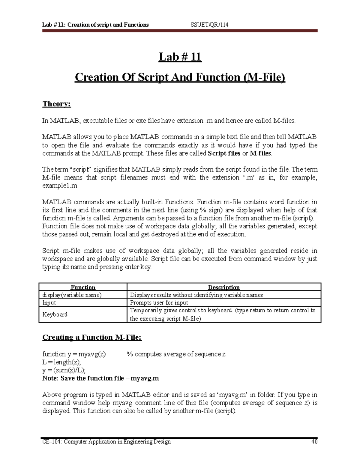 Lab11 - Lab # 11: Creation of script and Functions SSUET/QR/ Lab # 11 ...