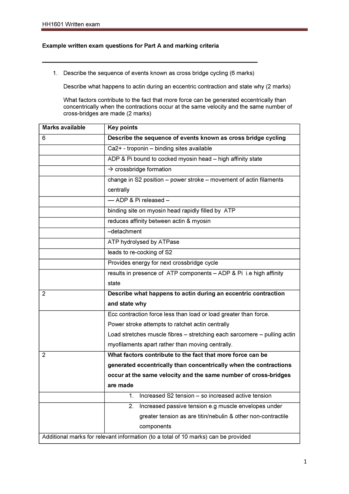 Example Written Exam Questions And Marking Criteria For Rehabilitation 