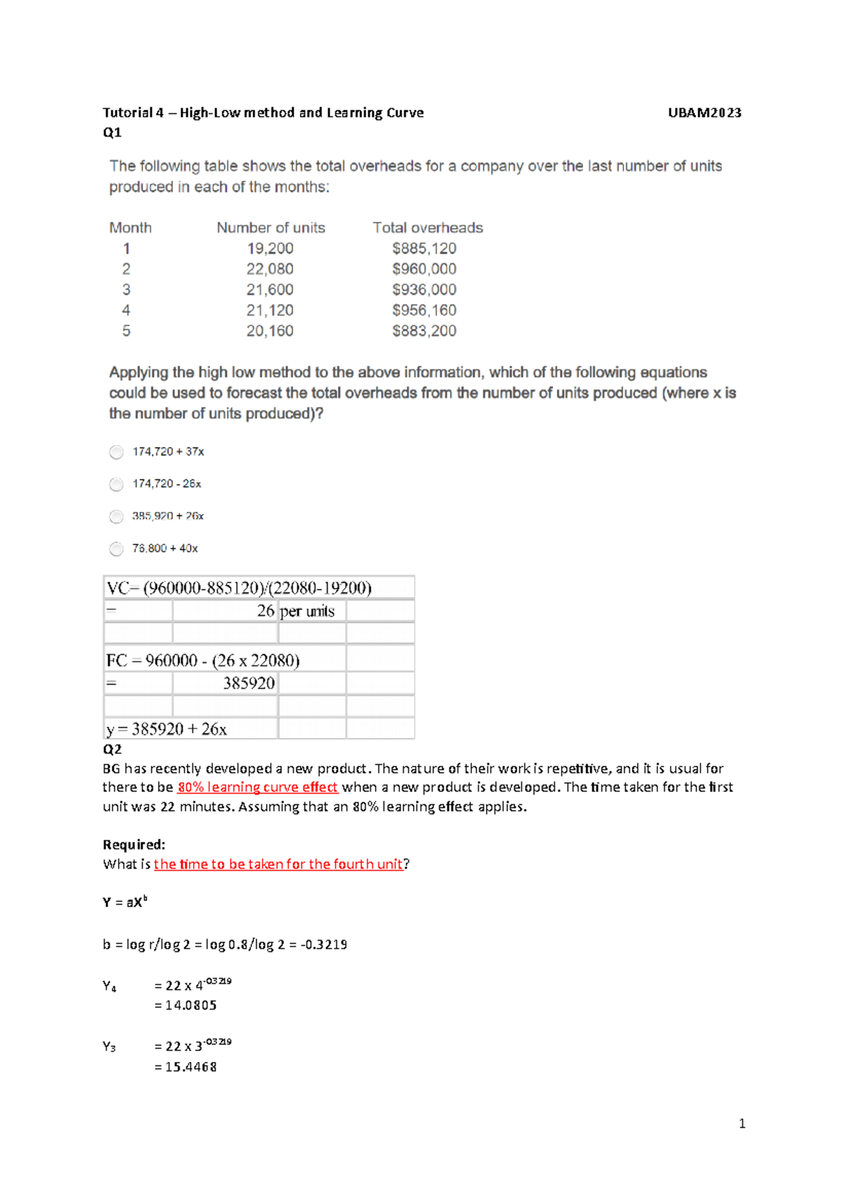 Tutorial 4 - High-low and Learning curve - Tutorial 4 – High-Low method ...