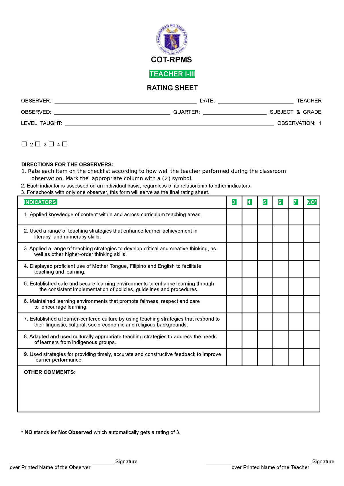 [Appendix C-03] COT-RPMS Rating Sheet For T I-III For SY 2023-2024 ...