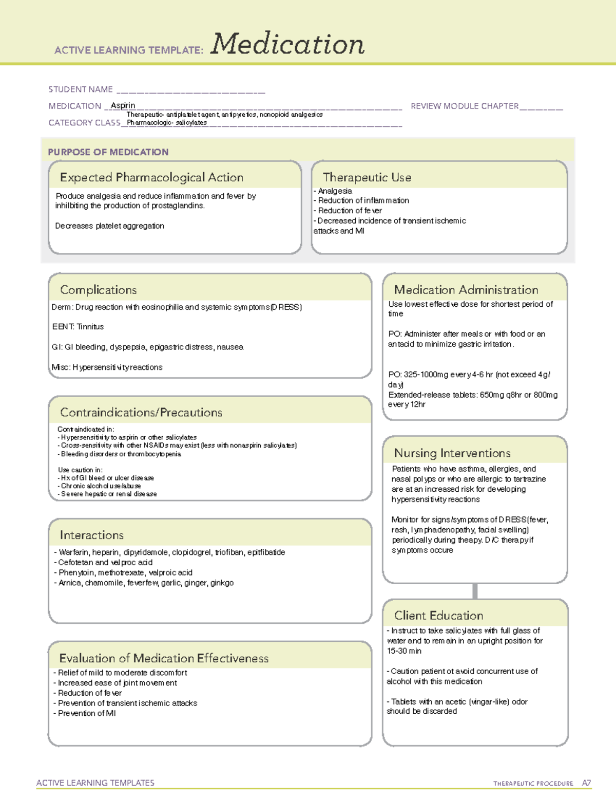 Aspirin - ACTIVE LEARNING TEMPLATES TherapeuTic procedure A Medication ...