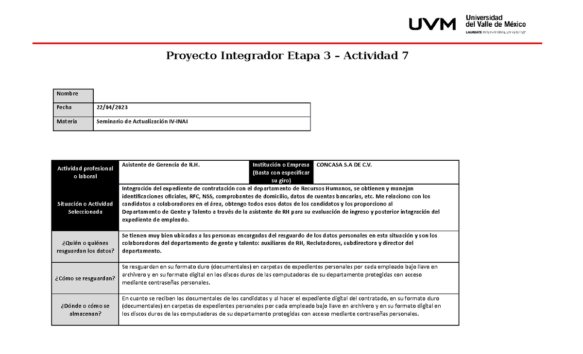 Actividad #7 Inai - Proyecto Integrador Etapa 3 – Actividad 7 Nombre ...