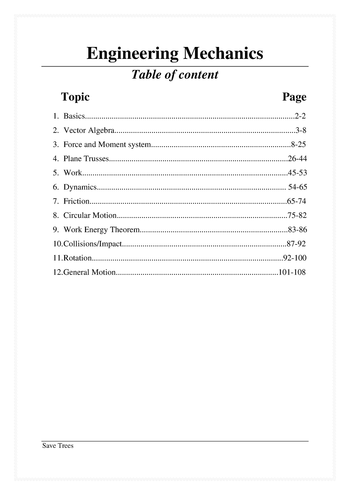 Mechanics - Class Notes - Engineering Mechanics Table Of Content Topic ...