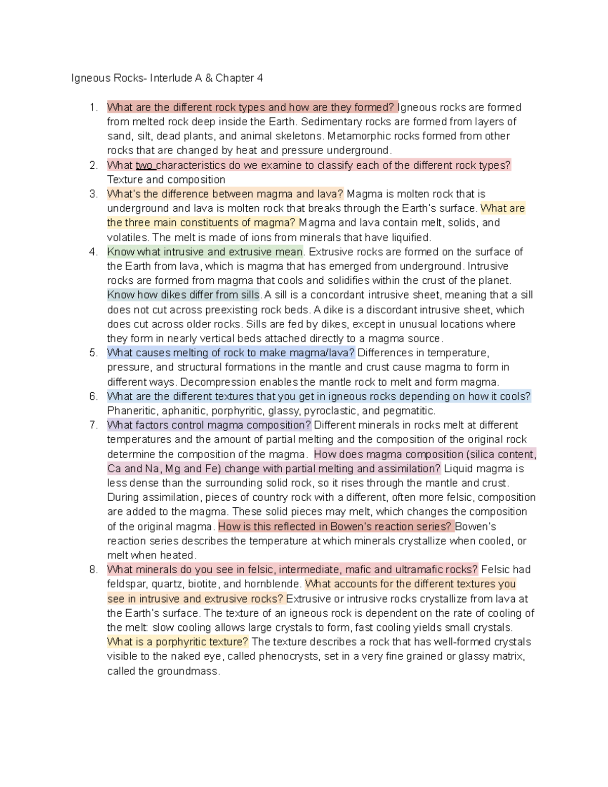 GEO 101- Exam #2 Study Guide - Igneous Rocks- Interlude A & Chapter 4 ...