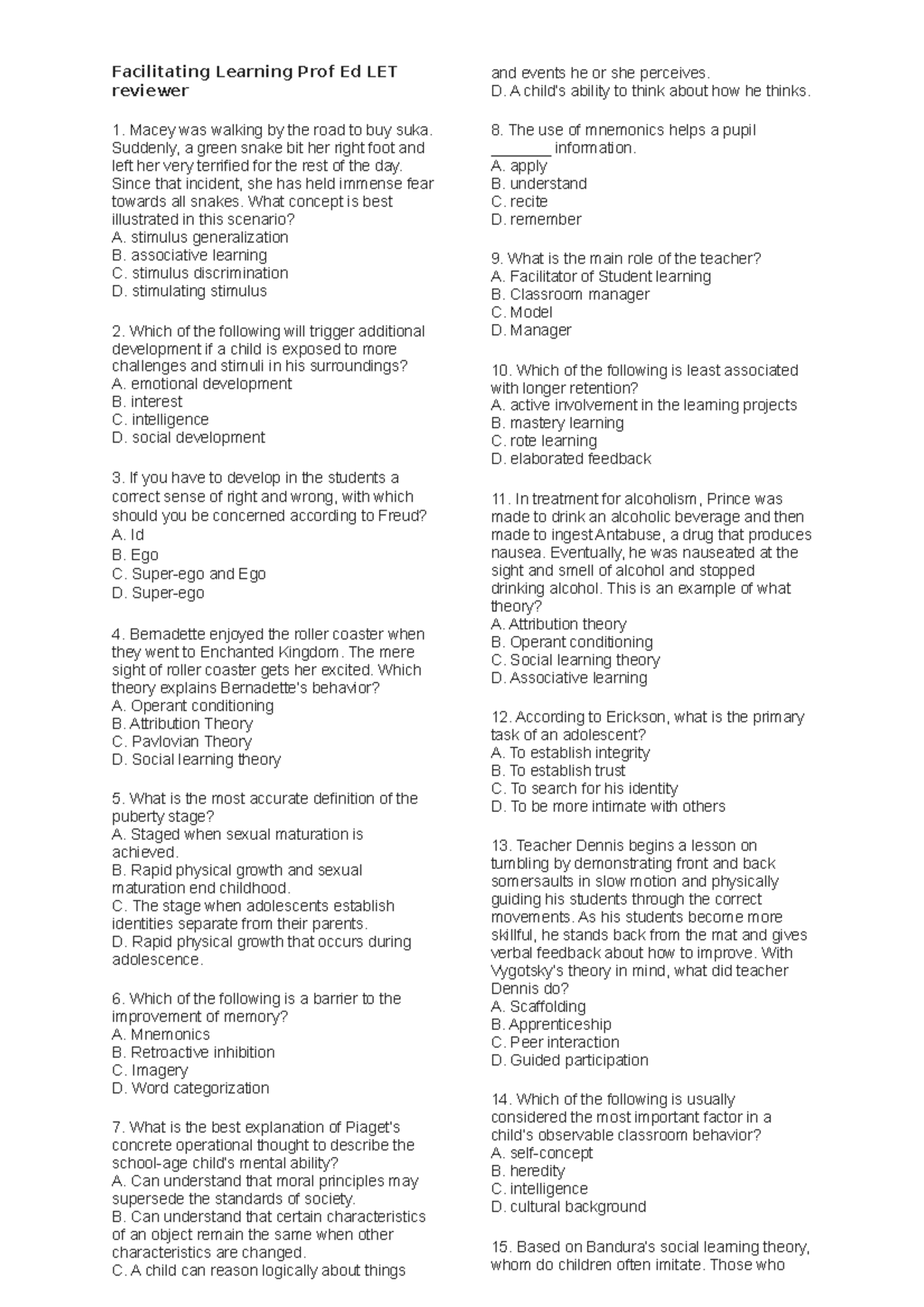 Examination- Reviewer - Facilitating Learning Prof Ed LET reviewer ...