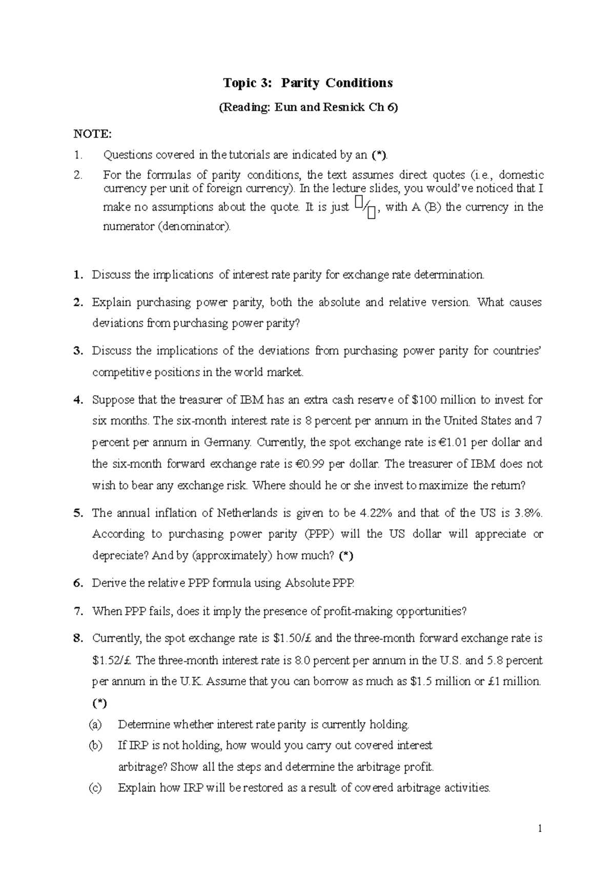 Topic 3Questions - 1 NOTE: Topic 3: Parity Conditions (Reading: Eun and ...