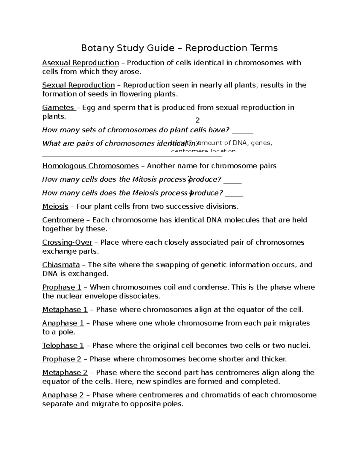 Botany Study Guide for Reproduction Processes Botany Study Guide Reproduction Terms Asexual