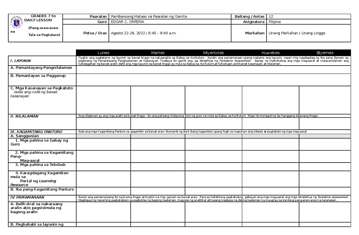 DLL-revised-Tagalog - aaaa - GRADES 7 to 10 DAILY LESSON LOG (Pang-araw ...