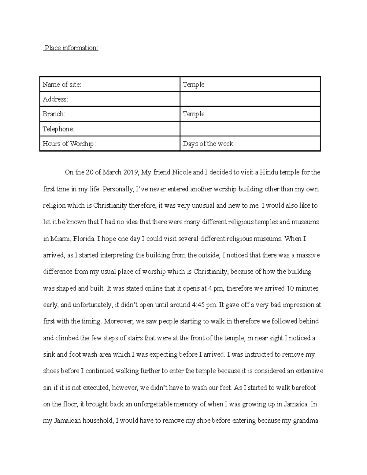 Intro to Religion- Essay on Visiting a Temple - Place information: Name ...