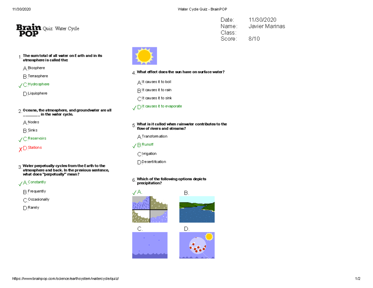Water Cycle Quiz Brain POP 11/30/2020 Water Cycle Quiz BrainPOP