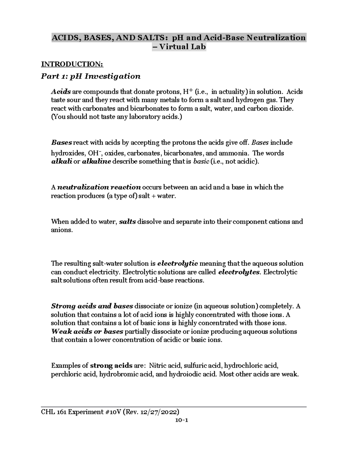 Virtual Acids, Bases, AND Salts p H and AcidBase Neutralization