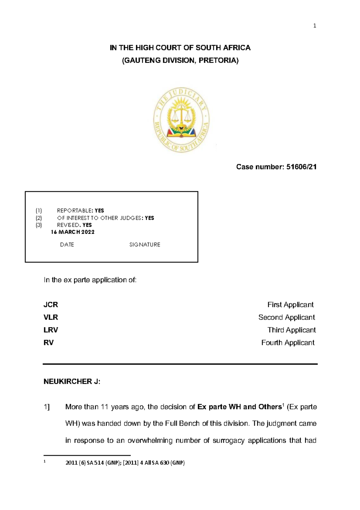 Case analysis - IN THE HIGH COURT OF SOUTH AFRICA (GAUTENG DIVISION ...
