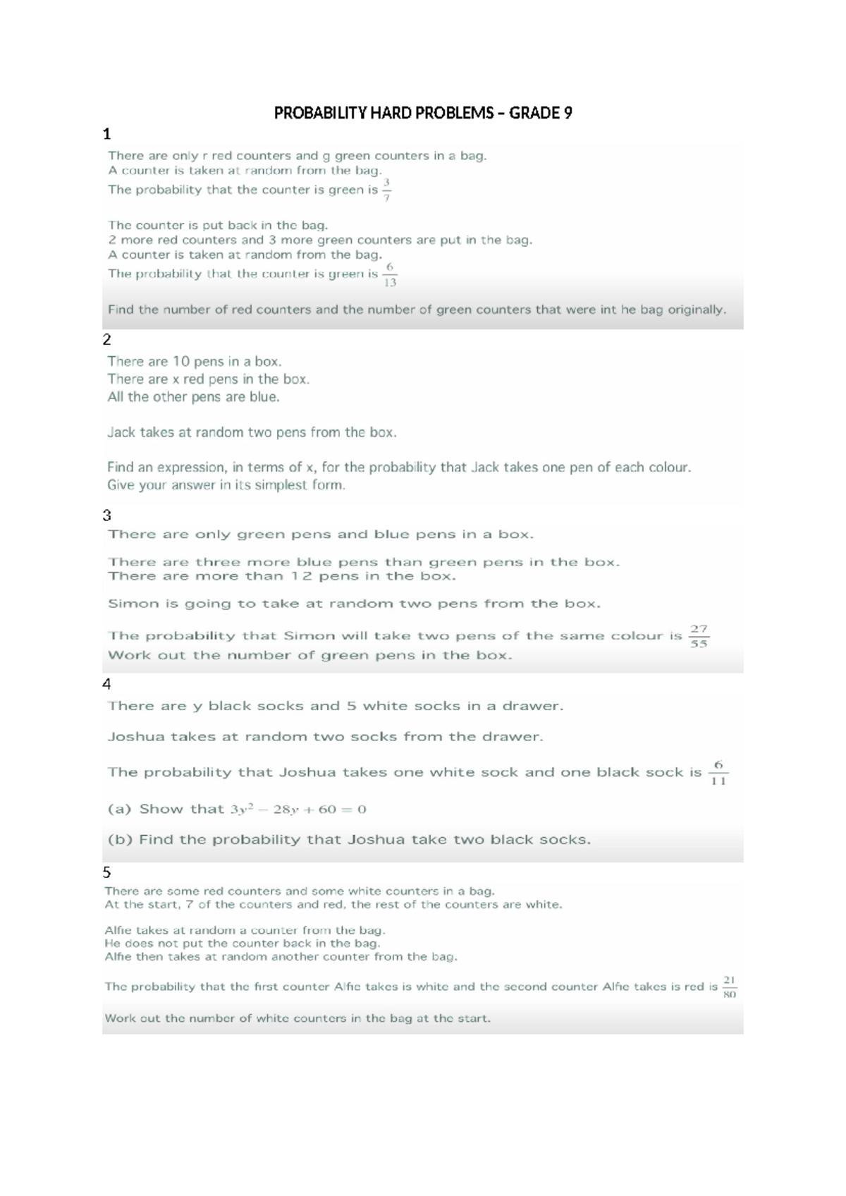 Probability HARD Problems - PROBABILITY HARD PROBLEMS – GRADE - Studocu