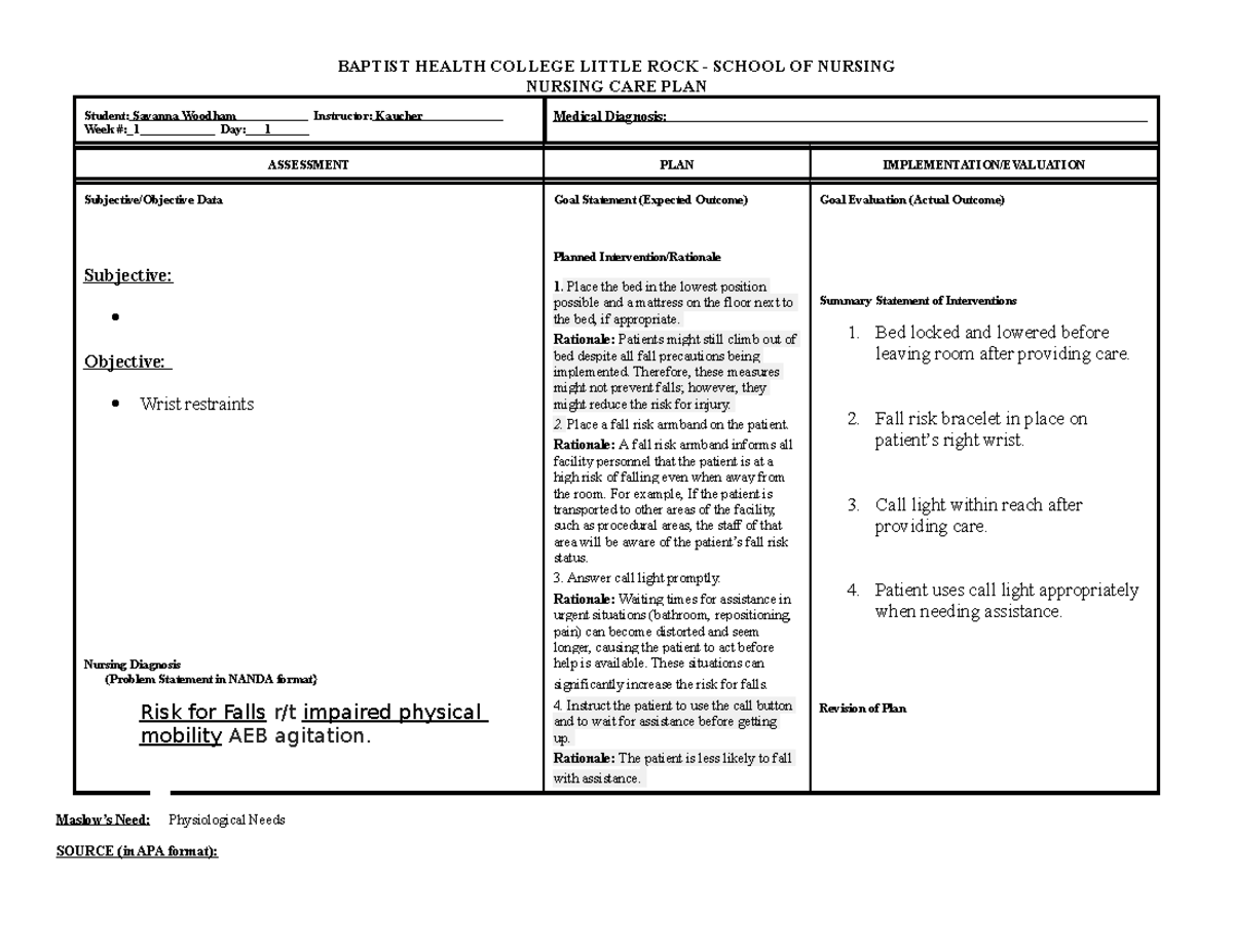 care-plan-falls-adult-nusing-2207-studocu