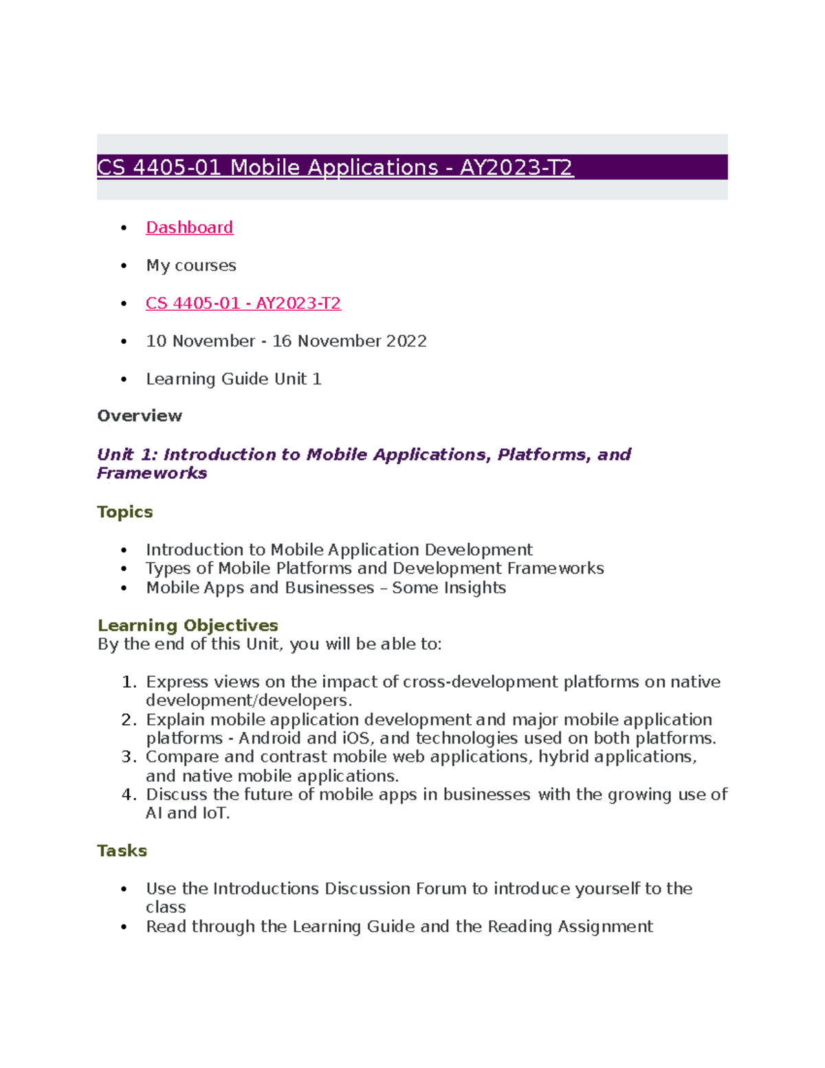 Learning Guide Unit 1- Cs 4405 - CS 4405-01 Mobile Applications ...