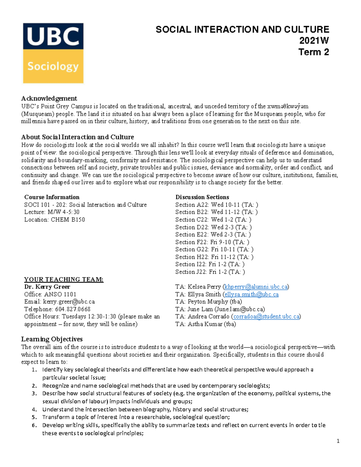 Syllabus - Acknowledgement UBC9s Point Grey Campus is located on the ...