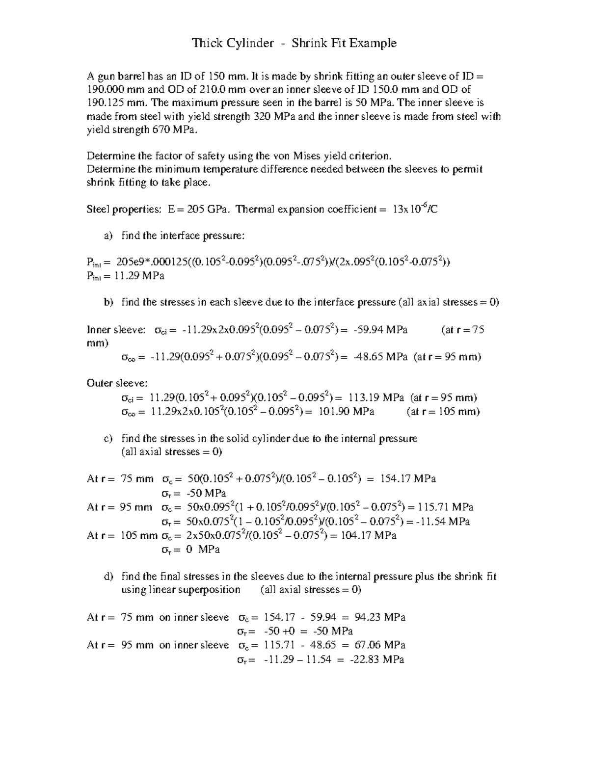 Shrink fit ex - Thick Cylinder - Shrink Fit Example A gun barrel has an ...
