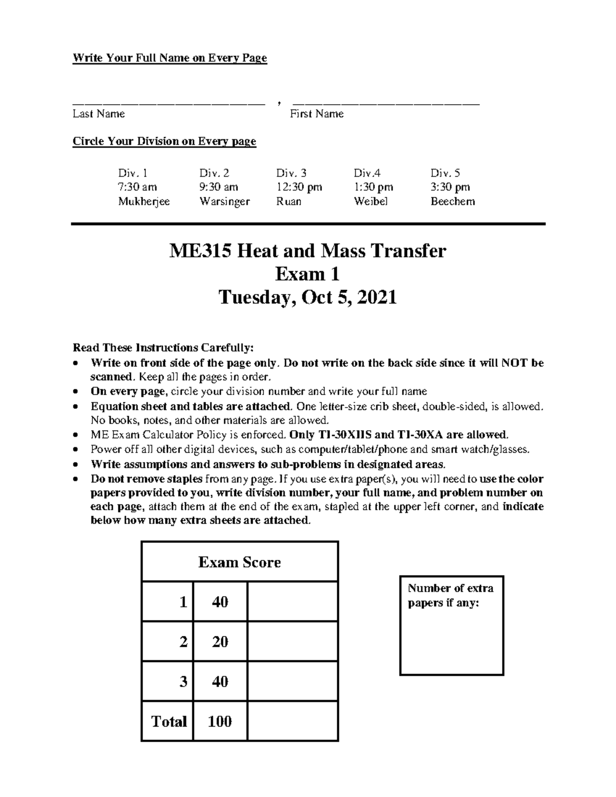 ME315 Fall 2021 Exam 1 To Print - Write Your Full Name on Every Page ...