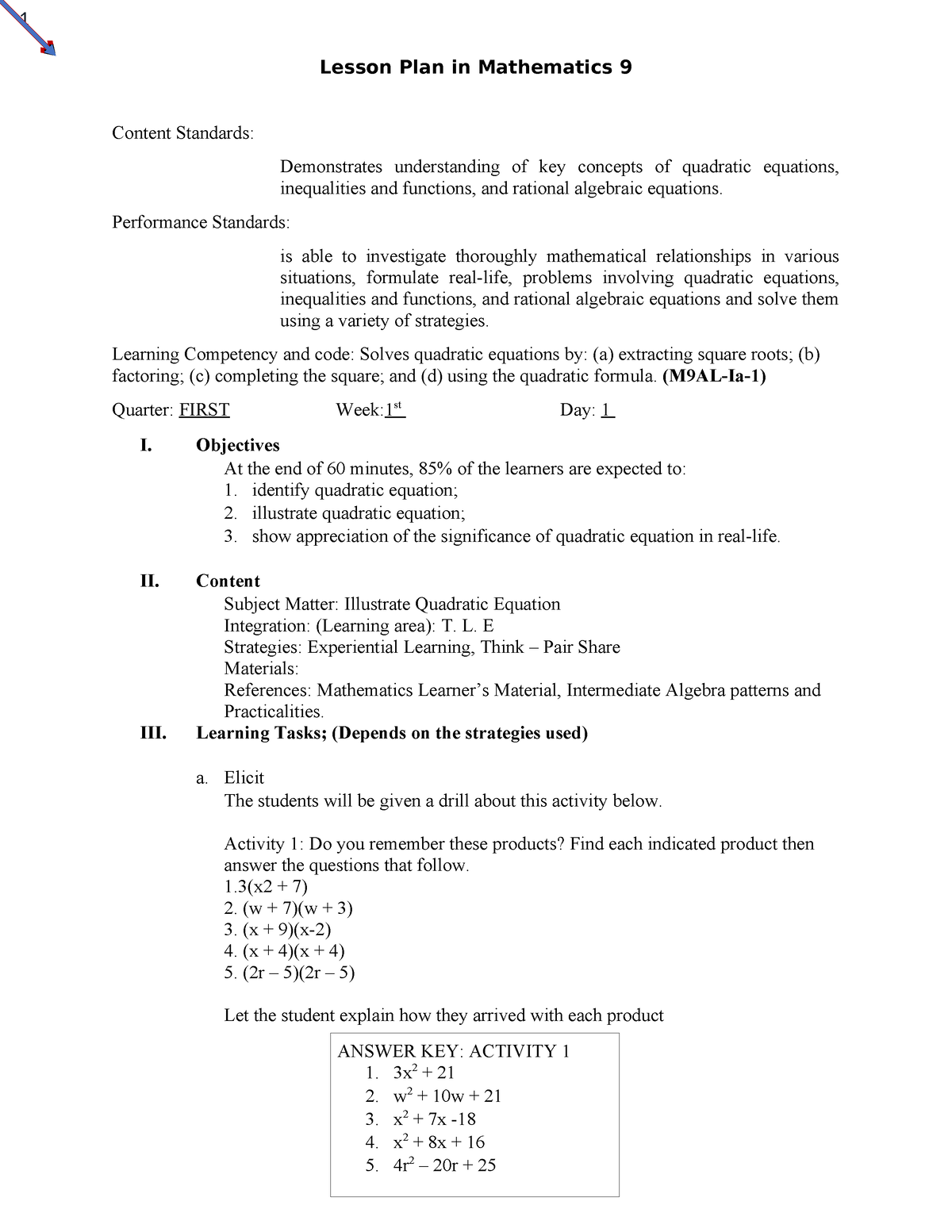 Bong DLP MATH 9 Final - DAILY LESSON PLAN IN MATHEMATICS 9 QUARTER 1 ...