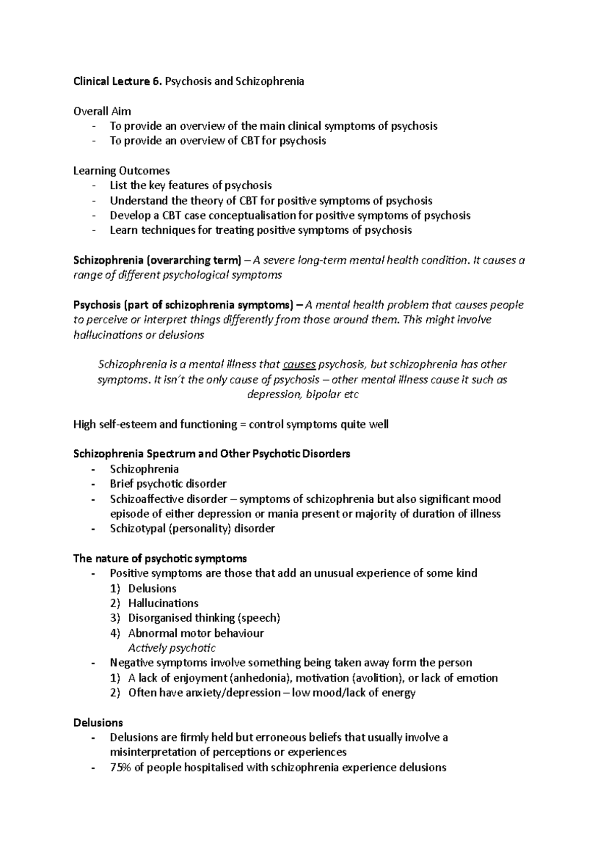 Clinical Lecture 6 Psychosis And Schizophrenia Clinical Lecture 6