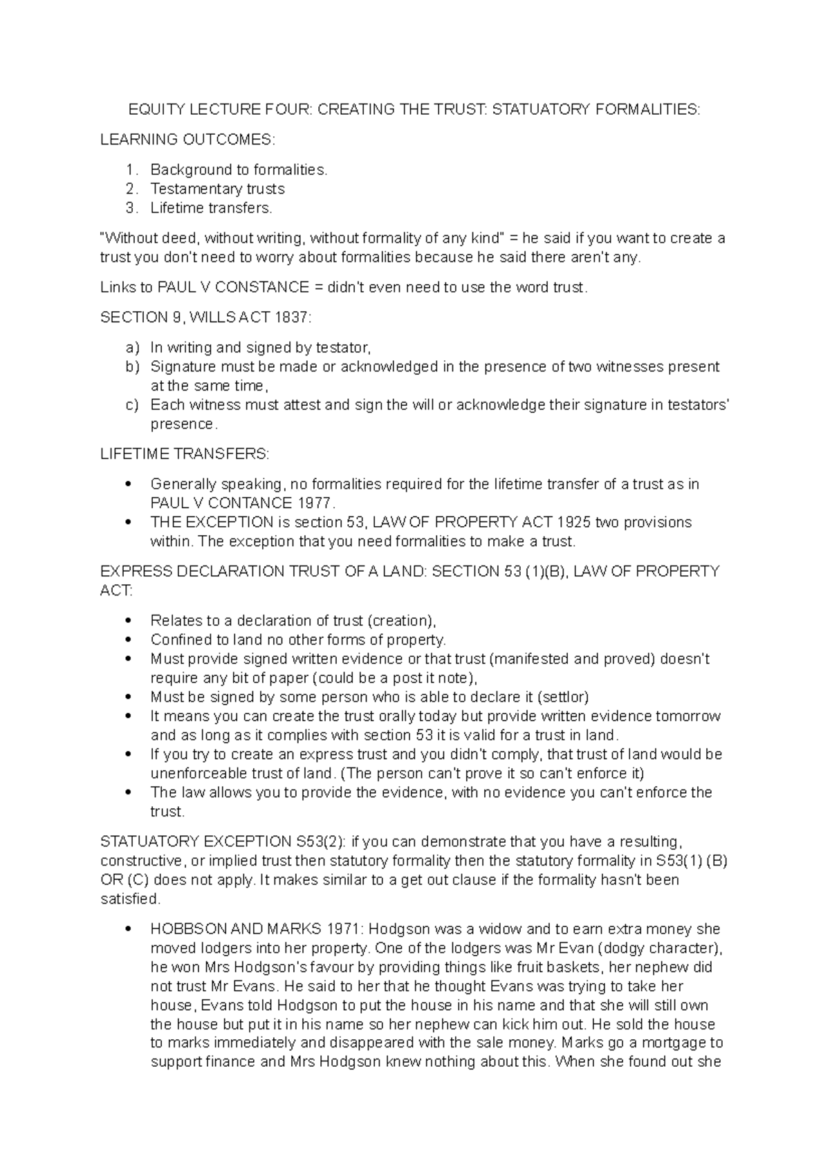 Lecture FOUR Notes - EQUITY LECTURE FOUR: CREATING THE TRUST ...