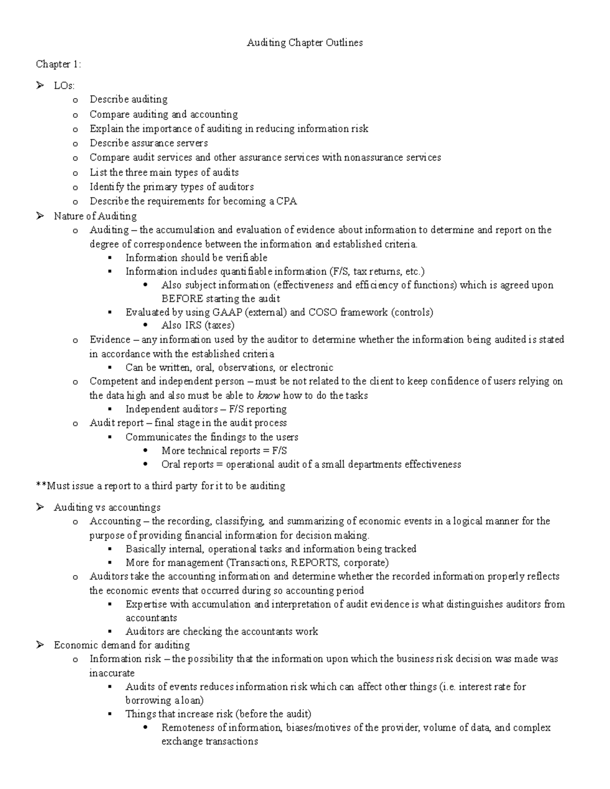 Auditing Chapter Outlines - Auditing Chapter Outlines Chapter 1: LOs: o ...