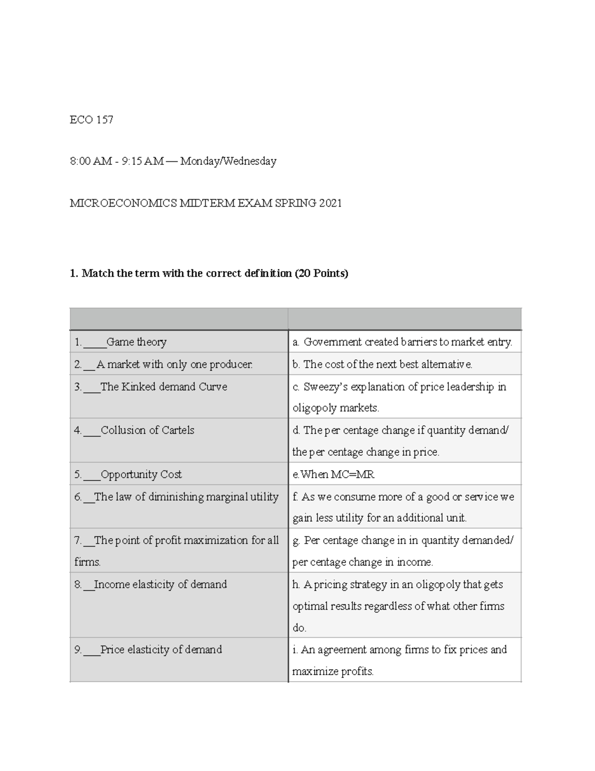 ECO 157 Midterm - ECO 157 8:00 AM - 9:15 AM — Monday/Wednesday ...