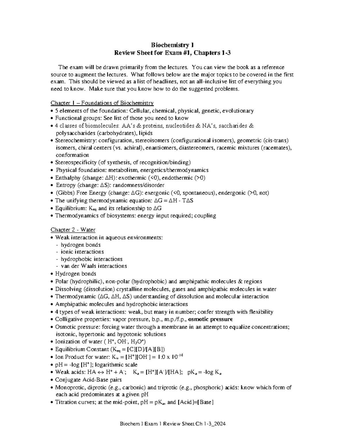 Biochem I Exam 1 Review Sheet Ch 1-3 2024 - Biochem I Exam 1 Review ...