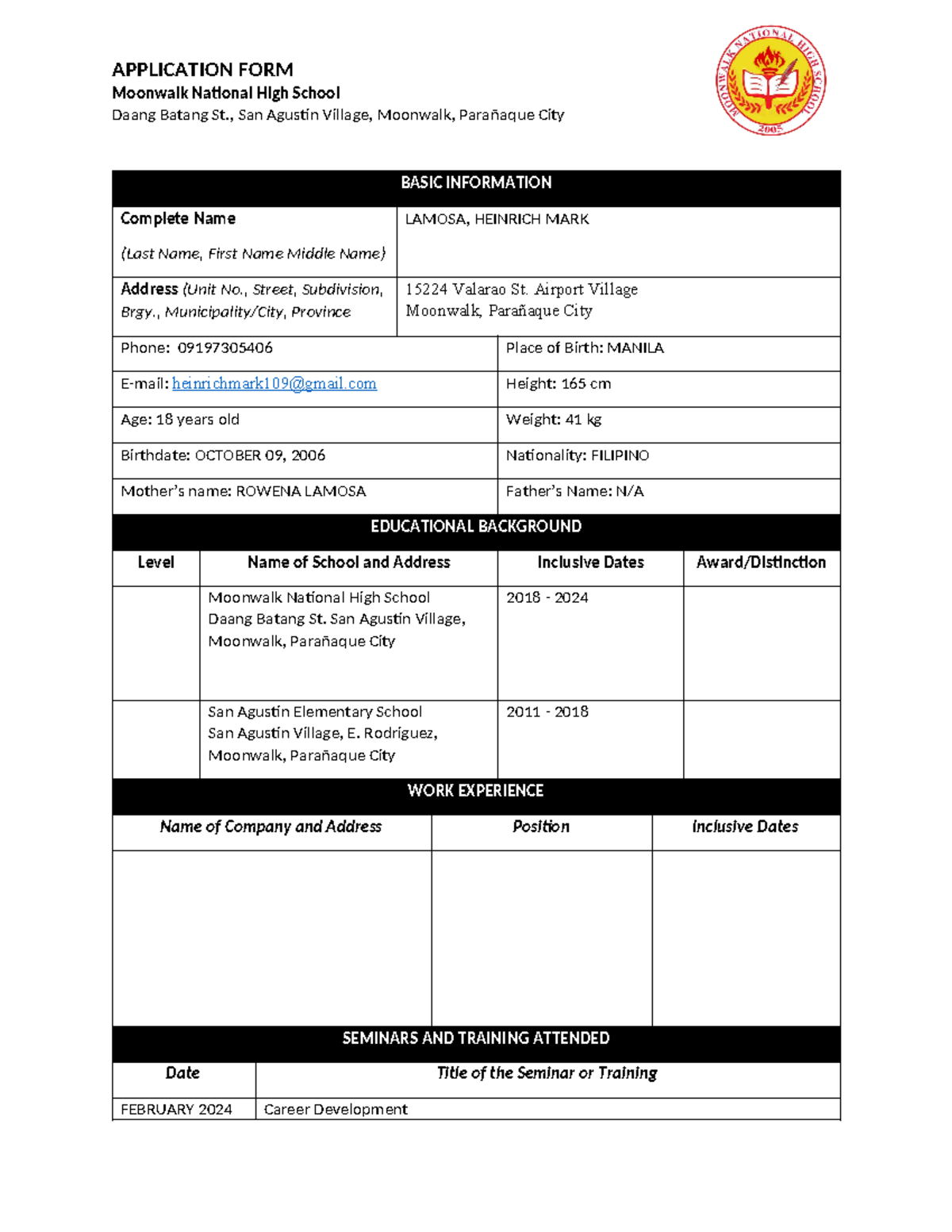 Application Form Work Immersion Mw NHS - APPLICATION FORM Moonwalk ...