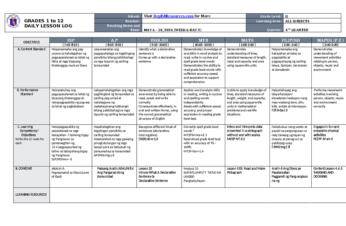 DLL ALL Subjects 2 Q4 W6 D3 - GRADES 1 to 12 DAILY LESSON LOG School ...