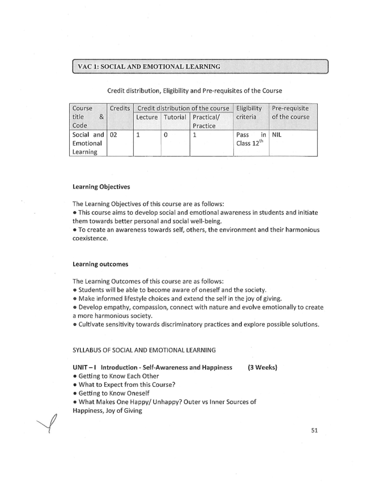 VAC Syllabus VAC 1 SOCIAL AND EMOTIONAL LEARNING Credit distribution