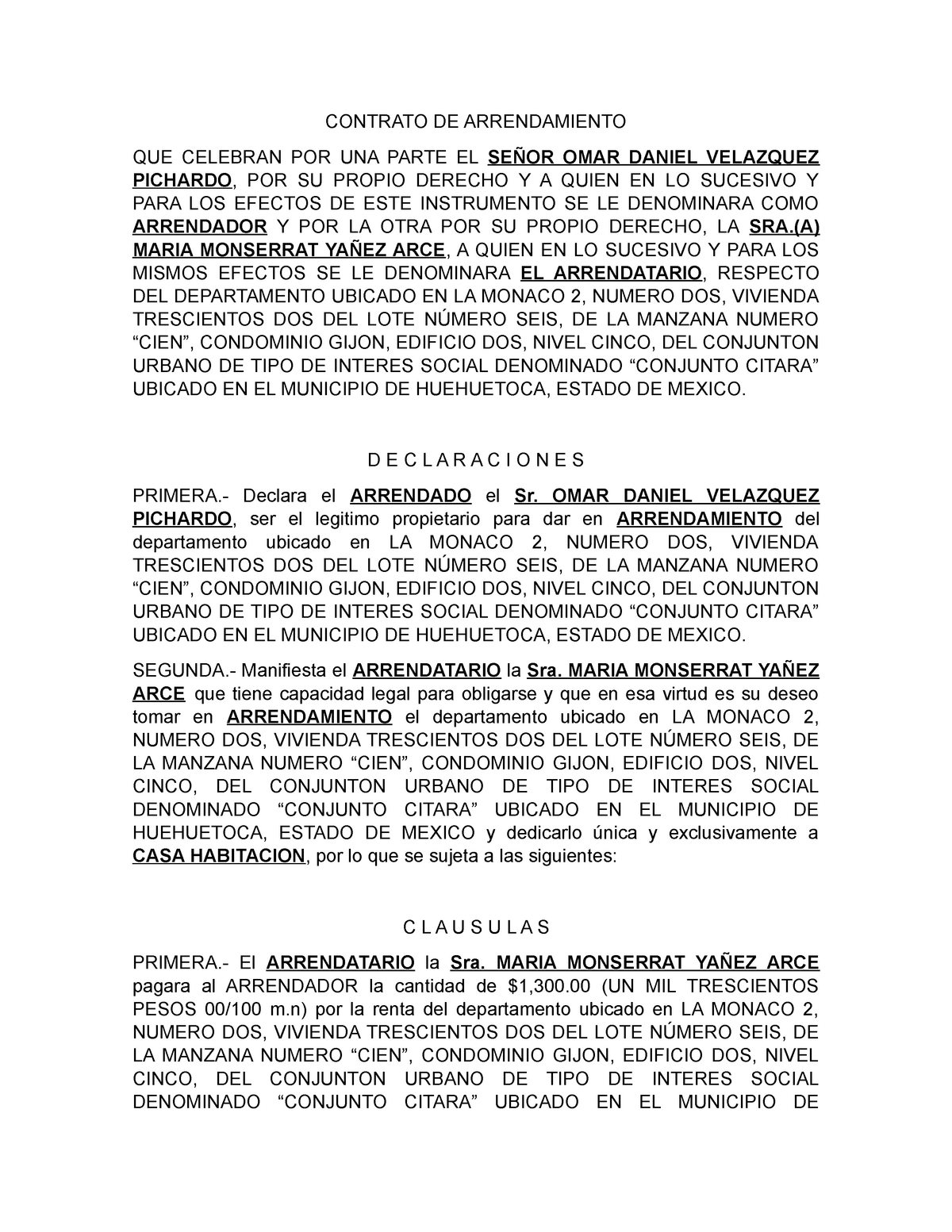 Contrato De Arrendamiento Para El Estado De México Contrato De Arrendamiento Que Celebran Por 1758