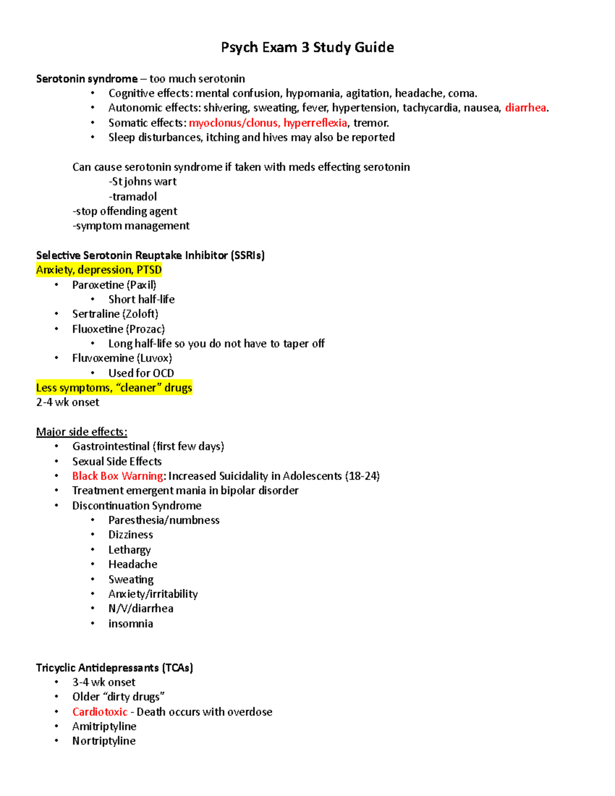 Psych Exam 3 Study Guide - Psych Exam 3 Study Guide Serotonin syndrome ...