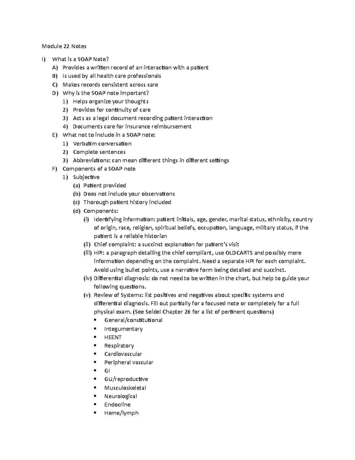 Module 22 Notes - Module 22 Notes I) What is a SOAP Note? A) Provides a ...