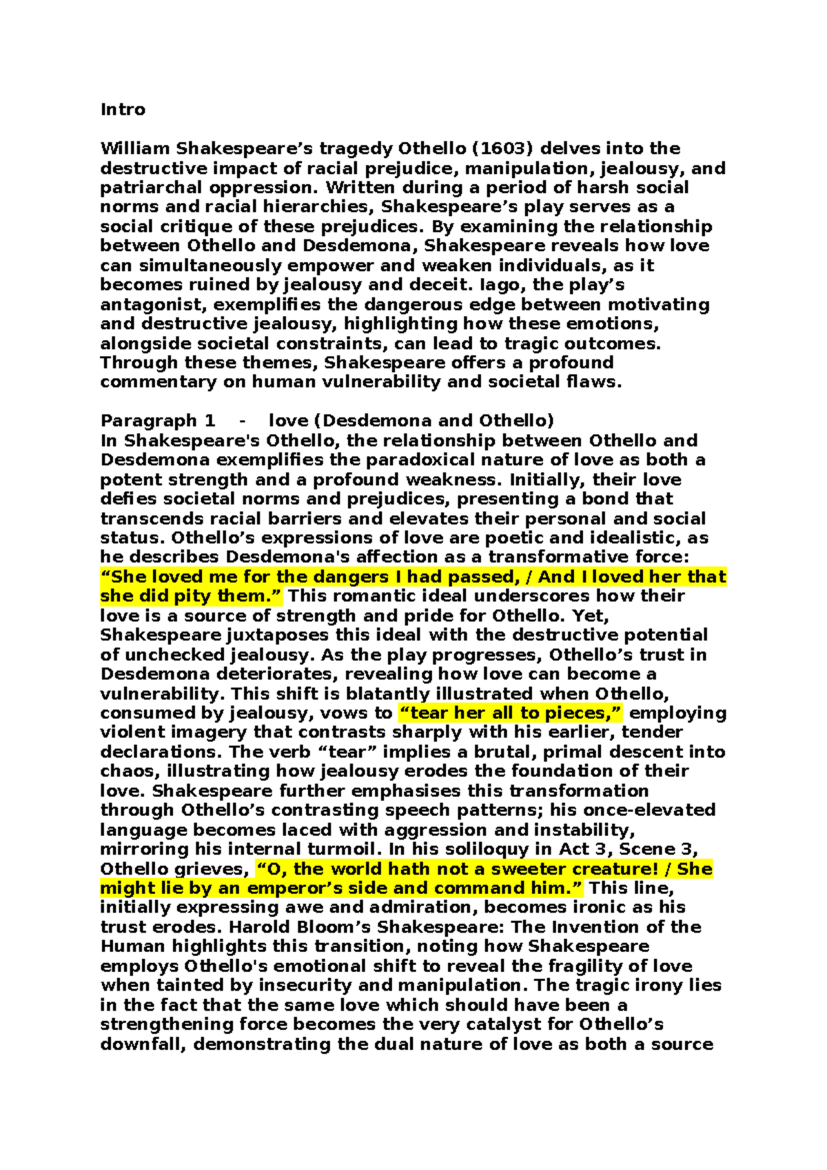 English - T3 othello essay - Intro William Shakespeare’s tragedy ...