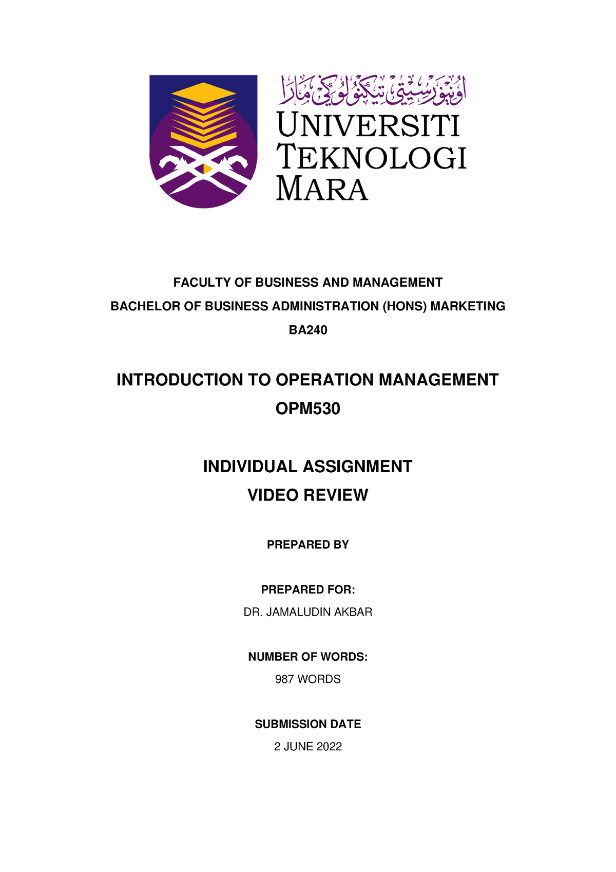 INTRODUCTION TO OPERATION MANAGEMENT - FACULTY OF BUSINESS AND ...