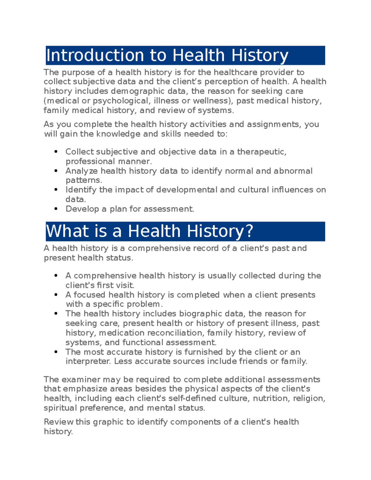 NR 302 Edapt Unit 3 Health History Introduction to Health History