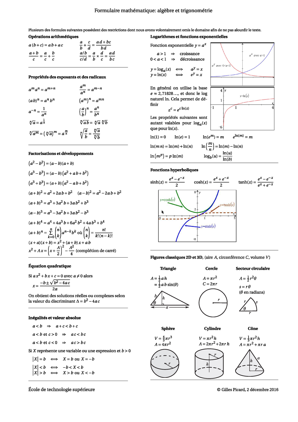Formulaire Mathématique Algèbre Et Trigonométrie - MAT1903 - Studocu