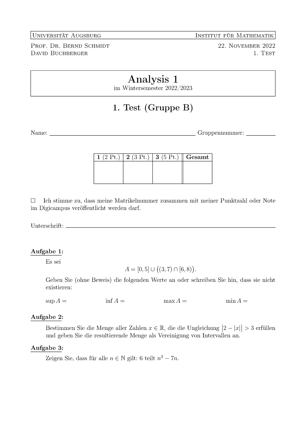 Test1 B - Universität Augsburg Institut Für Mathematik Prof. Dr. Bernd ...