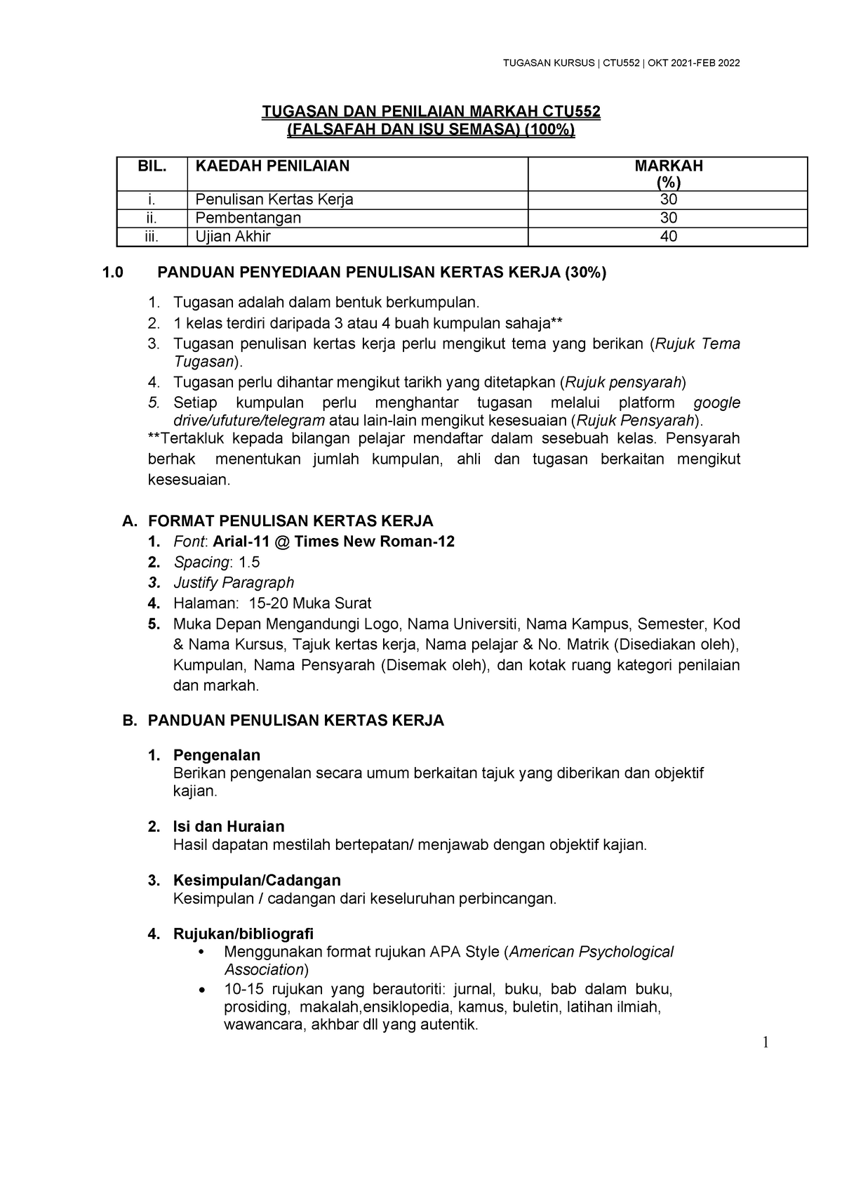 Tugasan dan Penilaian Markah CTU552 - Construction Management - UiTM ...