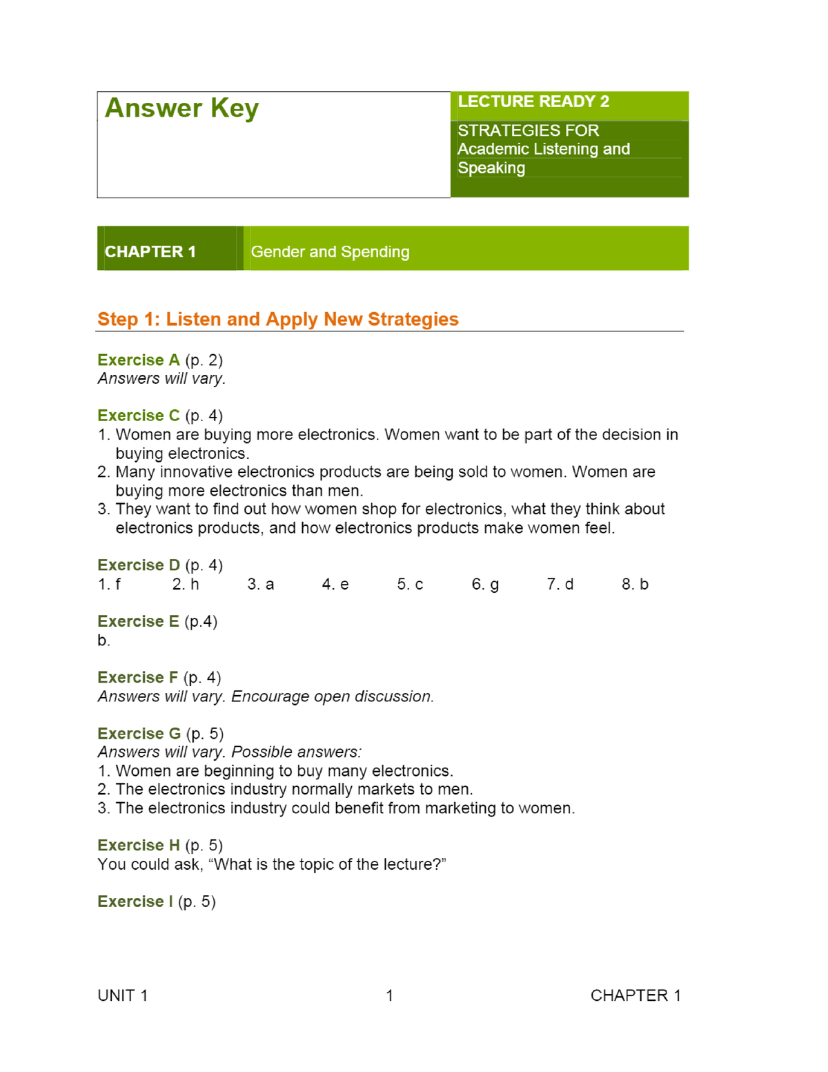 Lecture Ready 2 Answer Key 2 - English level 1 - Studocu