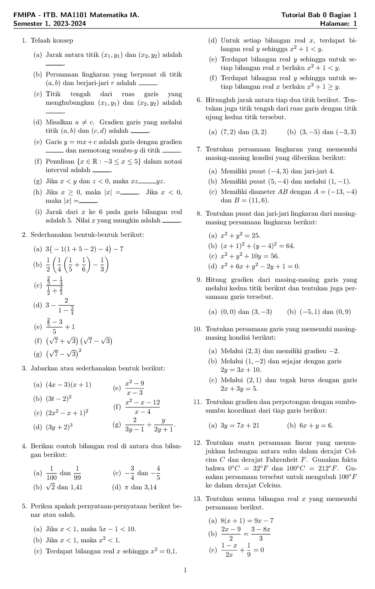 Tutorial MA1101 Bab 0 (Bagian 1) 2023-2024 - FMIPA - ITB. MA1101 ...