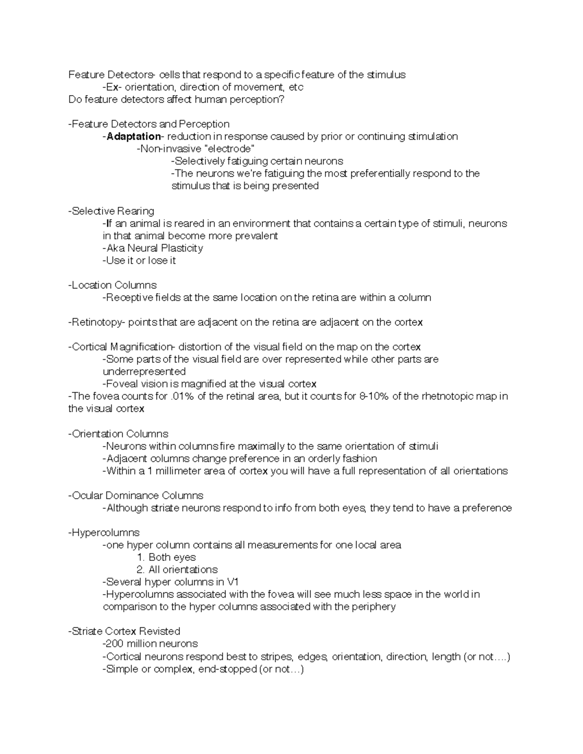 Psych 410 Exam 2 Notes - Feature Detectors- cells that respond to a ...