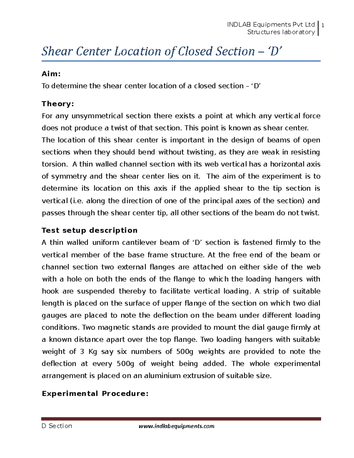Shear Center of Closed Section - D chandigarh - Structures laboratory 1 ...